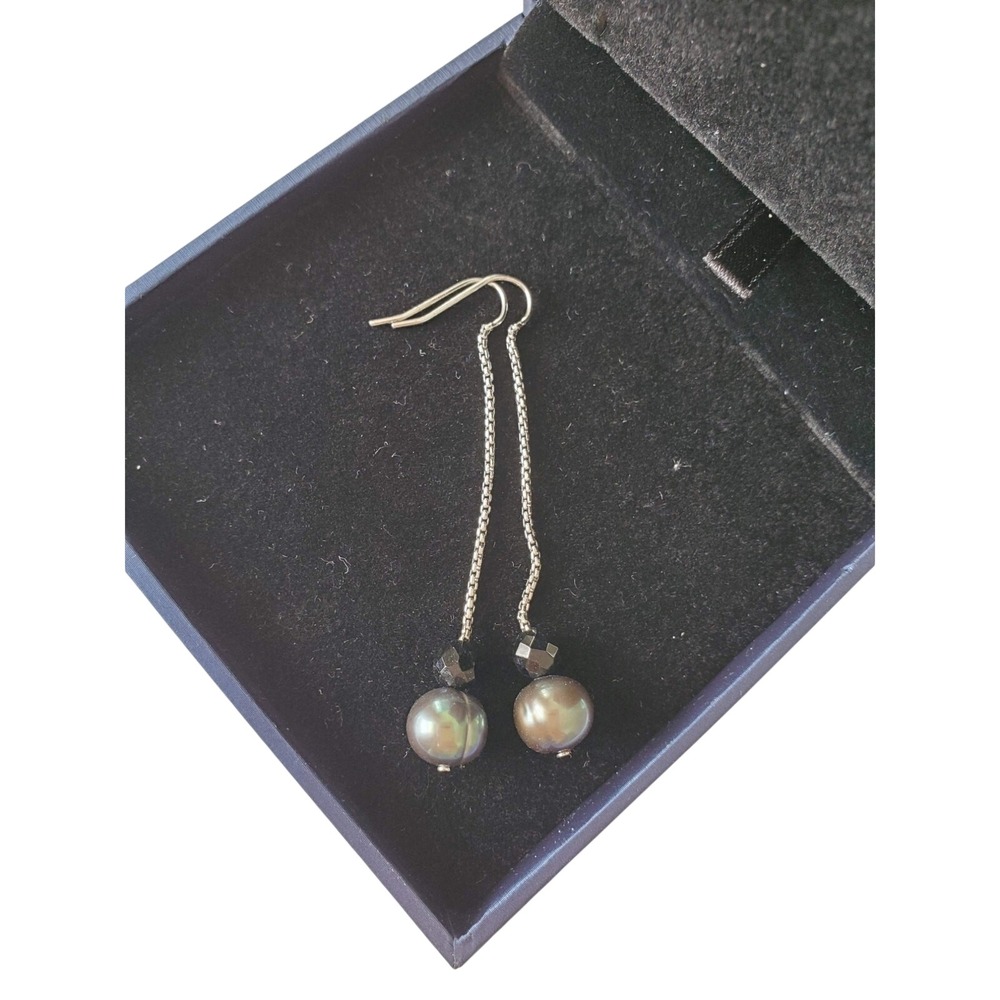Pearl Drop Earrings Grey Black Silver‎ Chain Fish Hook Old Money Elegant Classy